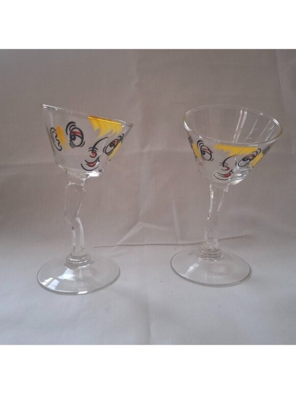 Cocktail Glasses Vintage 1950s Set of 2 Gay Fad Bent Stem Tipsy Hand Painted